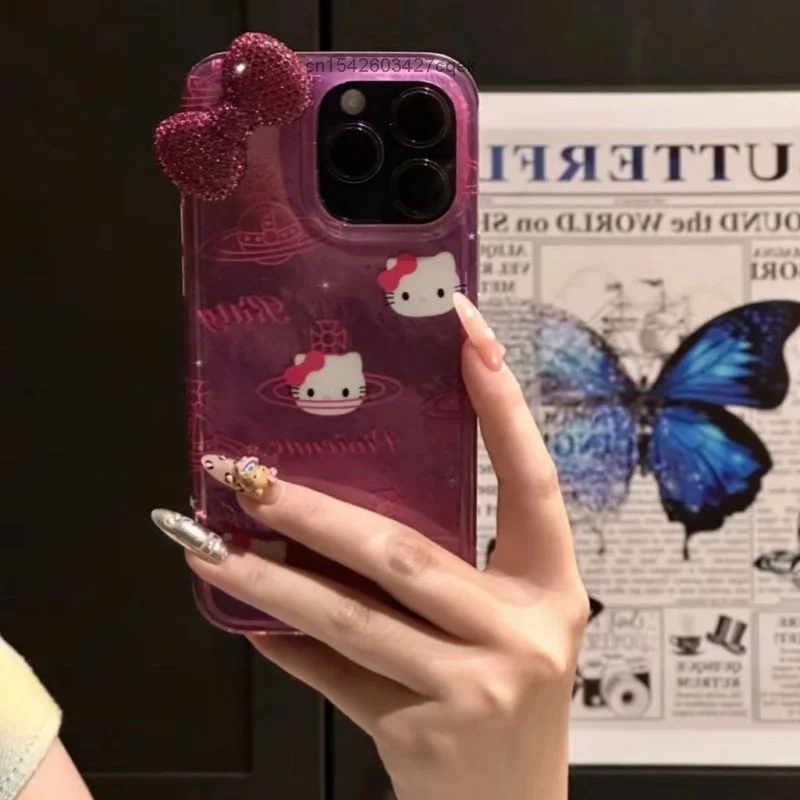 Hello Kitty Bow Diamond Design Trendy Phone Case Suitable For IPhone 16 15 14 13 12 11 Promax Xsmax xs xr Cute Niche Phone Cover
