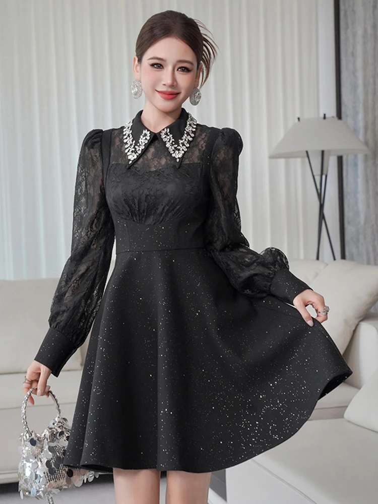 Exquisites süßes Geburtstagsparty-Kleid für Frauen, elegant, niedlich, helle Strasssteine, Diamanten, transparente Spitze, Ballkleid, Bankett, Vestidos