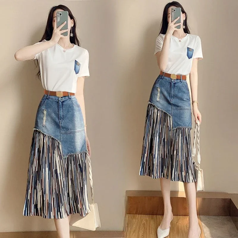 Female Jeans Skirts Midi Patchwork Zipper Long Women\'s Denim Skirt High Waist with Pocket Maxi Korean Fashion Streetwear Casual