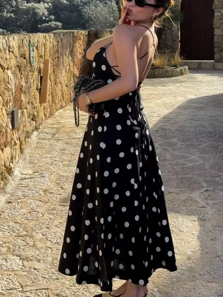 

Sexy Polka Dot Backless Lace Up Maxi Dress Retro Halter Neck Sleeveless High Waist Long Robes Women's Dinner Party Vestidos 2026