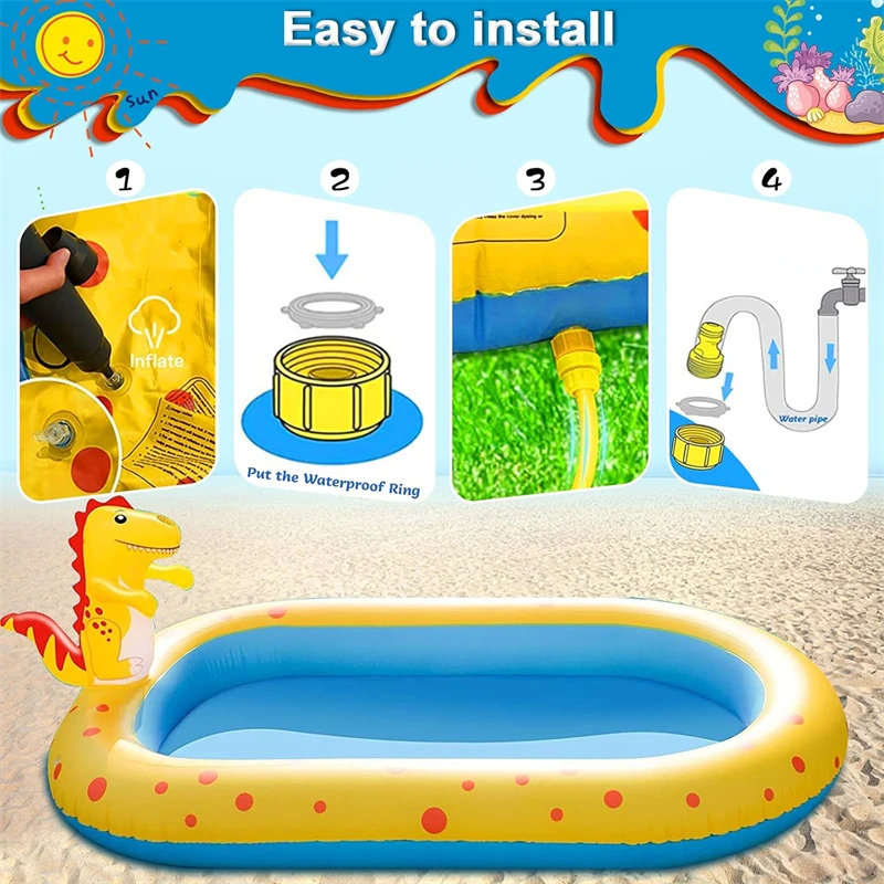 Inflatable Sprinkler Pool สําหรับเด็กน่ารักไดโนเสาร์ Kiddie Pool 3-in-1 Backyard Splash Pad ว่ายน้ํากลางแจ้งน้ําของเล่นสําหรับเด็กวัยหัดเดิน