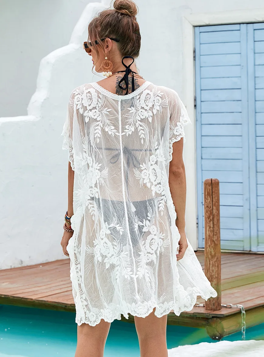 Abito da spiaggia sexy in pizzo trasparente, costume da bagno, bikini, copricostume per donna, cardigan, fiori, motivo ricamato, costumi da bagno larghi