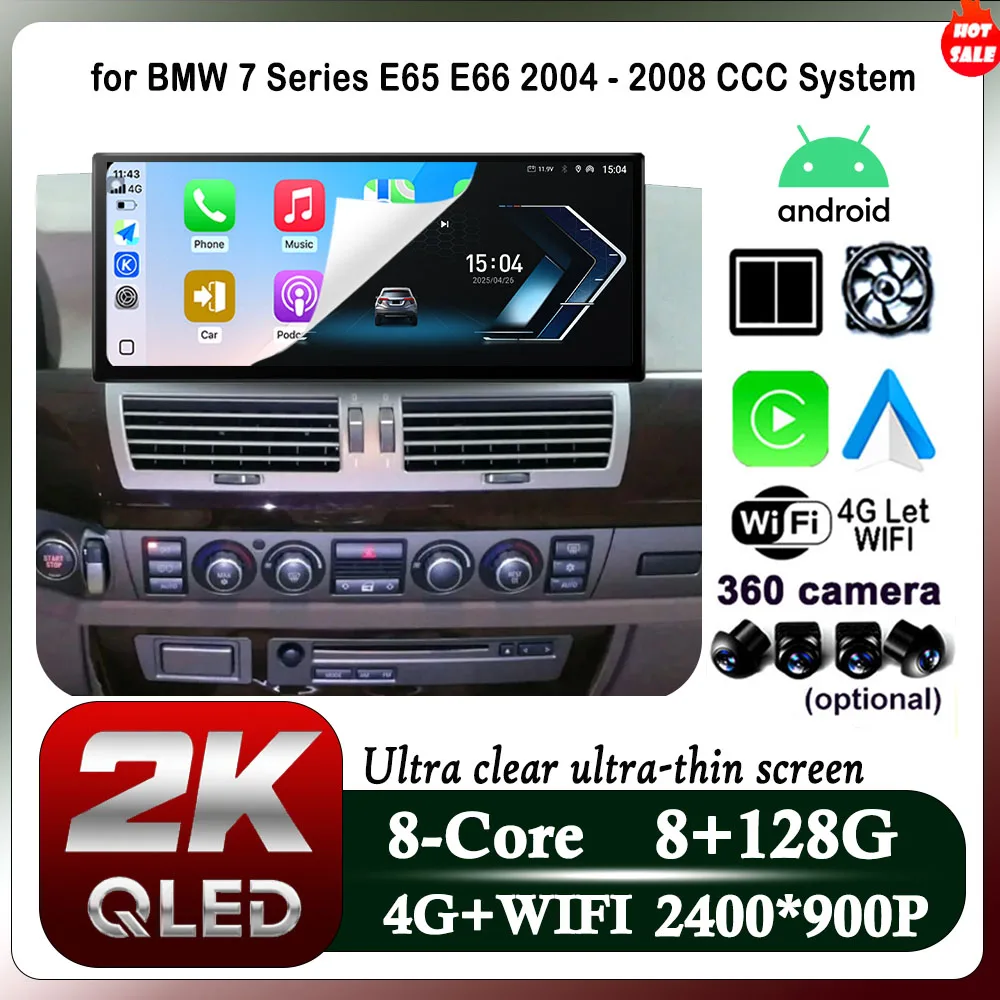 

for BMW 7 Series E65 E66 2004 2005 2006 2007 2008 CCC SystemQLED 2400*900 Screen Android 14 Car GPS Navi Carplay 4G DSP WIFI BT