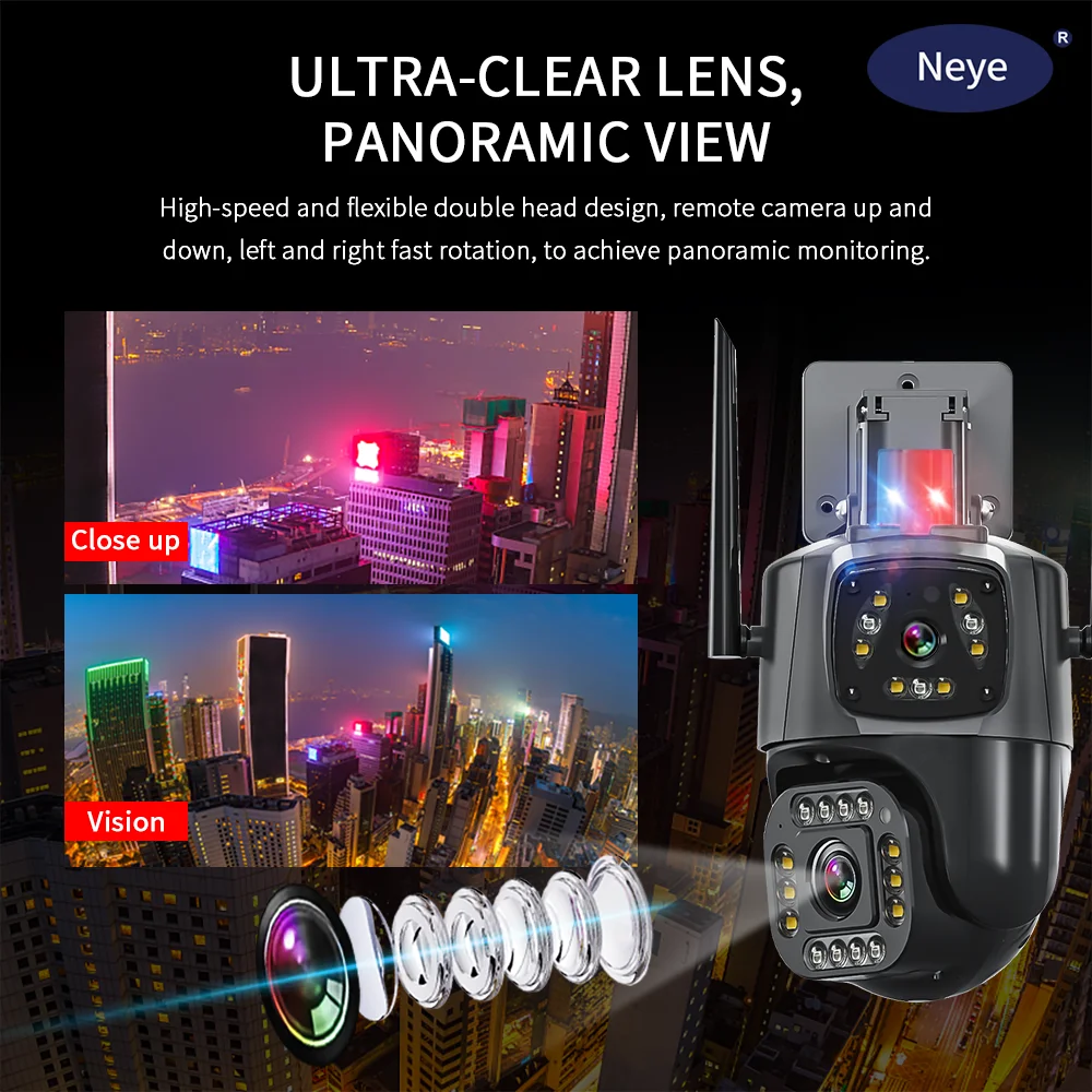 Neye 8mp 4K Pan Tilt Wifi Camera Dual Lens Dual Screen Outdoor Ip Camera Cctv Smart Home Night Vision Audio Dual Lens Camera