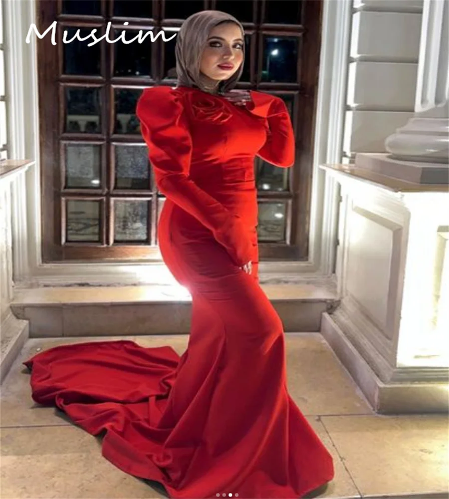 Vestido de noche árabe rojo moderno con flores elegante sirena vestidos de graduación vestido Formal musulmán de manga larga Dubai Abaya personalizado