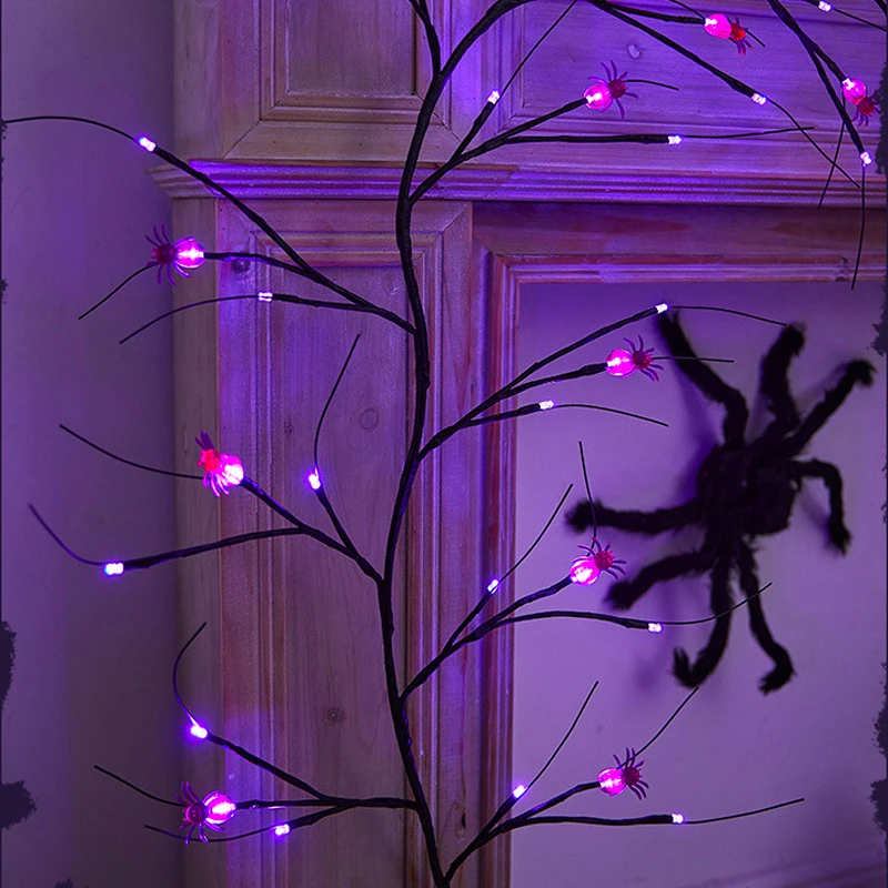 LED Vine Tree Lights Halloween Decor Purple Spider String Lights 8 Modes Waterproof Fairy Lights For Halloween Party Garden