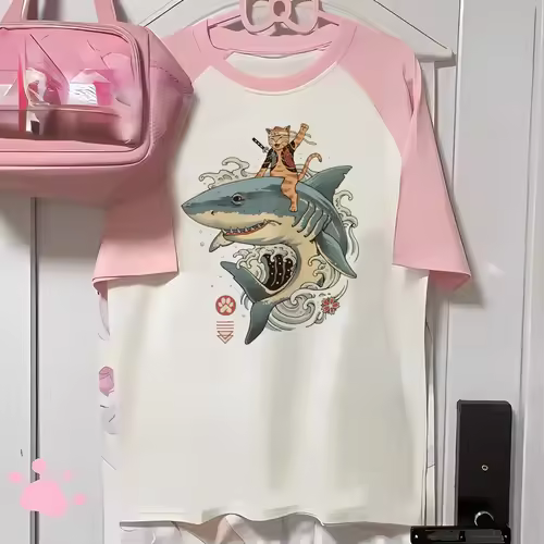 Aesthetics Japanese Grunge T-shirt Y2k Harajuku Anime Cartoon Cat Tops Tees Short Sleeve Women Kawaii Clothing Streetwear - Image 4