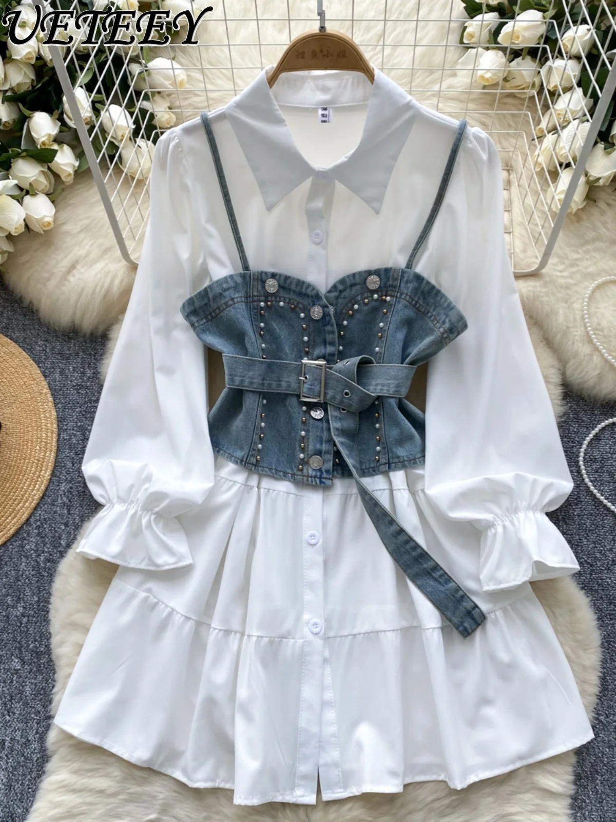 French Style Age-reducing White Shirt Dress Women's Autumn Clothing Fashionable Stacking Two-piece Set Outerwear Denim Vest