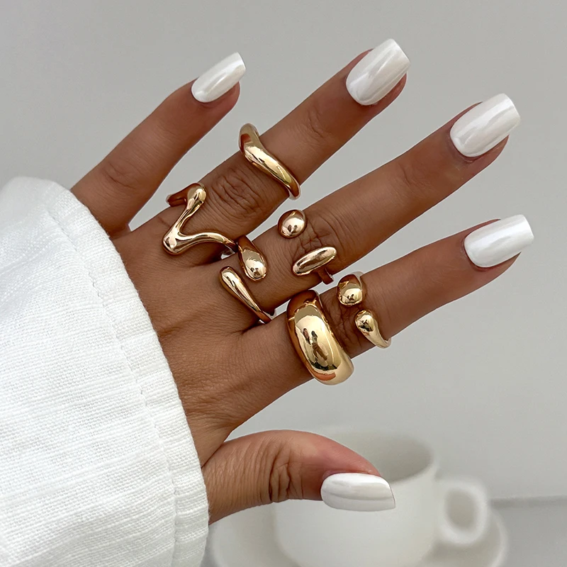 Fashion 6Pcs/Set Smooth Metal Opened Rings for Women Punk Personality Irregular Gold Silver Color Finger Rings Female Jewelry