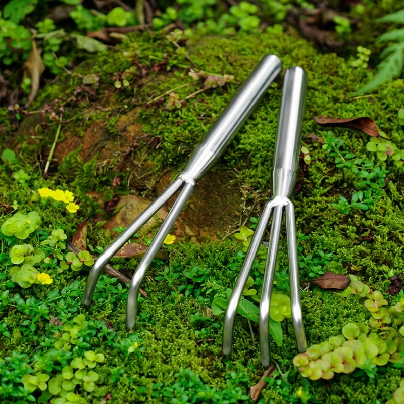 

Stainless steel garden tools weed rake single tooth three tooth rake potted planting weed control