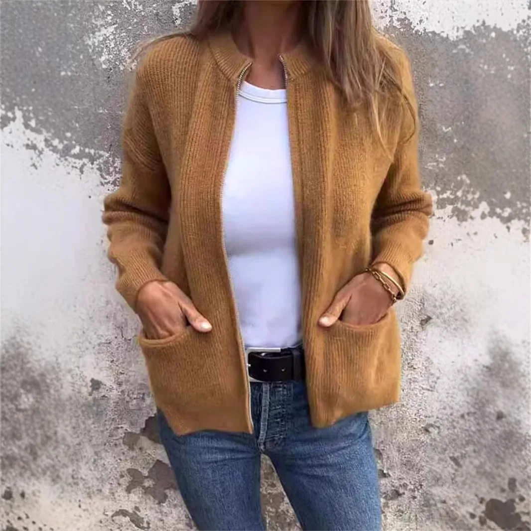 Knit Gray Women Cardigan Loose Long Sleeve Zipper Female Sweater 2025 Casual Autumn Winter O Neck Straight Female Pocket Jacket