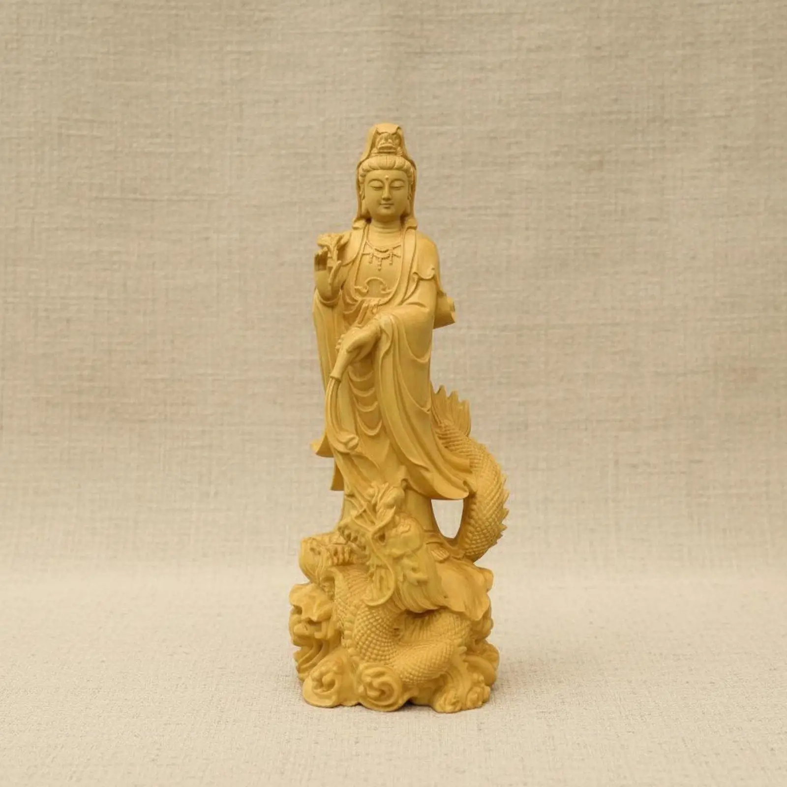 Wood Carved Guanyin Statue Long-Lasting Dragon Guanyin Sculpture Serene Look
