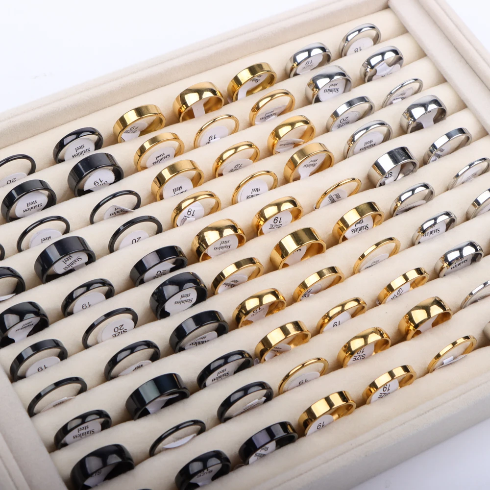 10/20Pcs/Lot Fashion Classic Simple Stainless Steel Rings For Women Men Mix Style Golden Silvery Black Color Jewelry Party Gifts