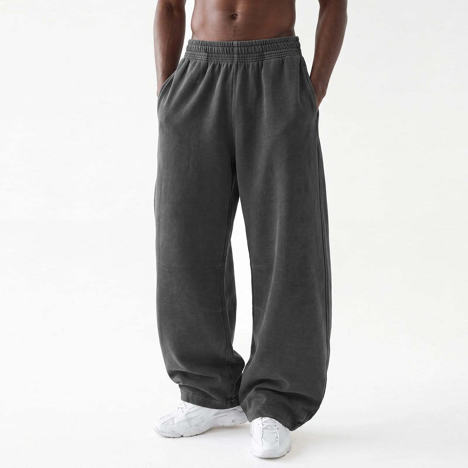 Cotton Looped Curved Knife Pants Blue Vintage Washed Barrel Sweatpants Clean Fit Elastic Waist Wide-leg Sweat Pants for Men view 4