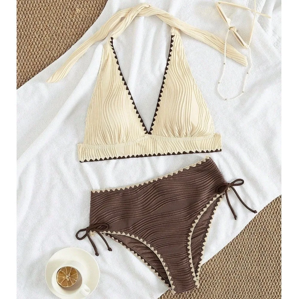 

High Quality Contrast Color Bikini Set with Chest Pad Sleeveless Beachwear High Waist Two Piece Swimsuit Holiday
