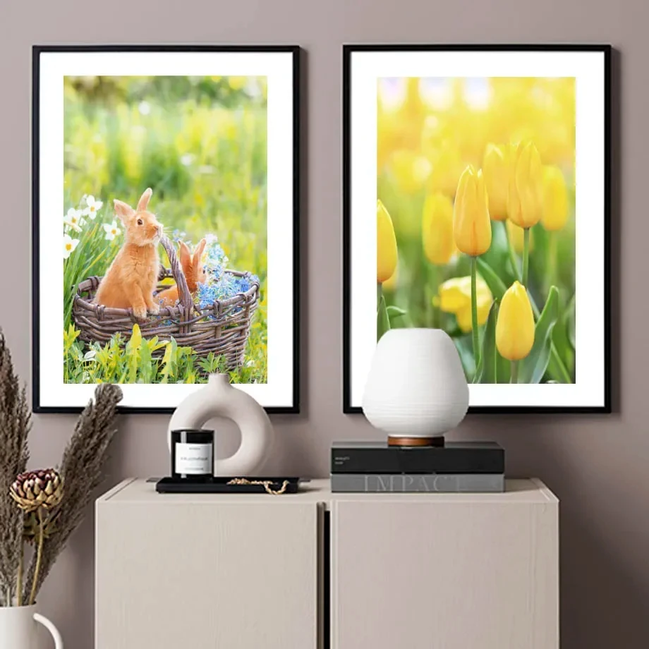 لوحة زيتية جدارية طبيعية ، ملصق الربيع والطباعة ، الأصفر ، زهرة الزنبق ، الأرنب ، منزل ريفي ، الشمال ، غرفة المعيشة ، ديكور المنزل