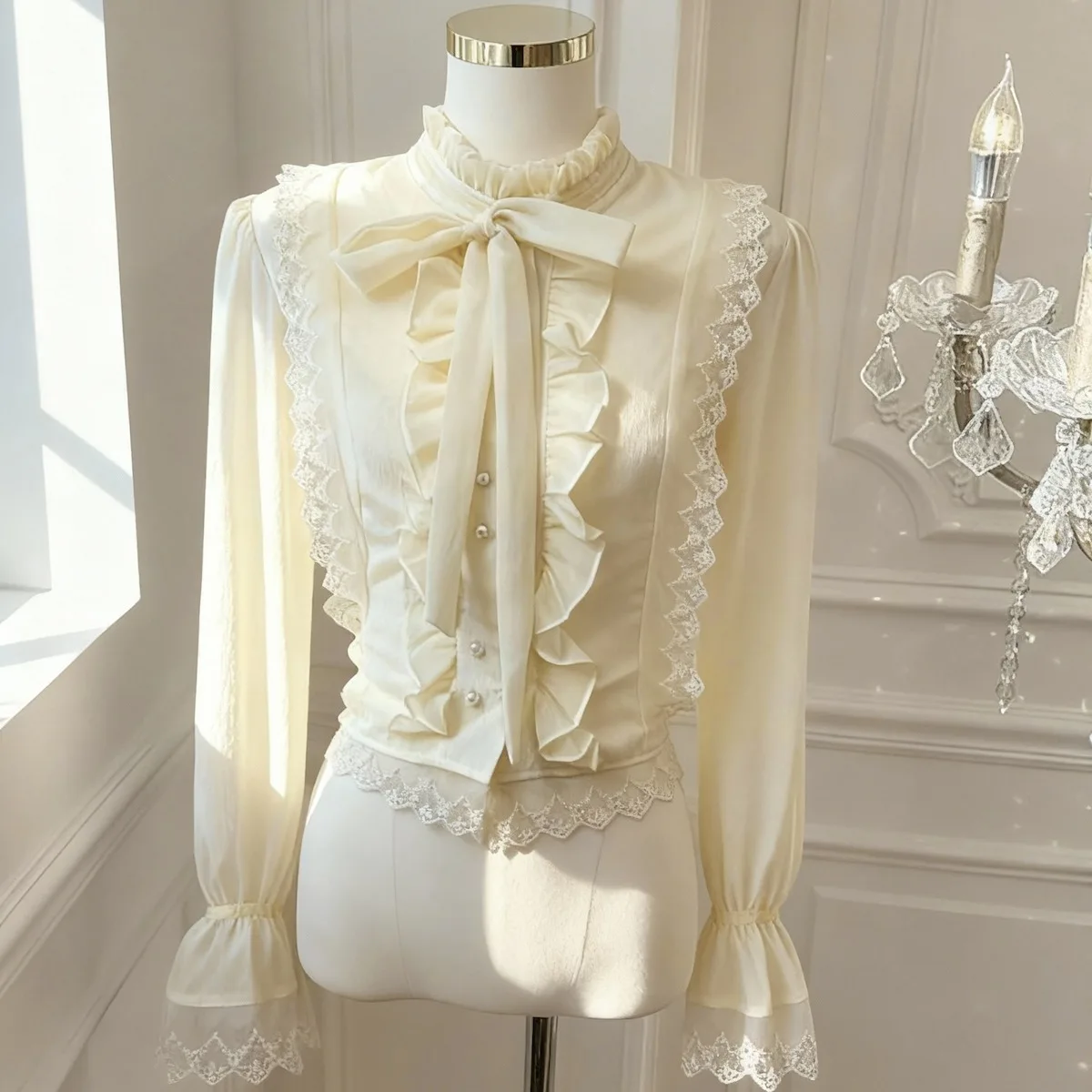 

Женский кружевной топ French Sle Long Sve irt с узлом, осень-зима, новая однотонная блузка Sle Court Sle