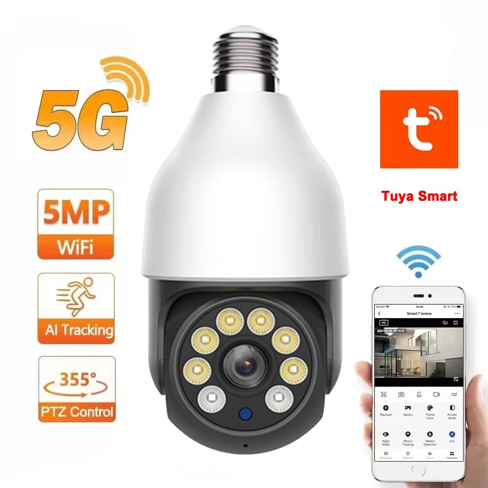 

Tuya Smart Life 5MP 5G Bulb E27 WiFi Camera Color Night Vision Indoor Wireless Security Camera Auto Tracking Surveillance Camera