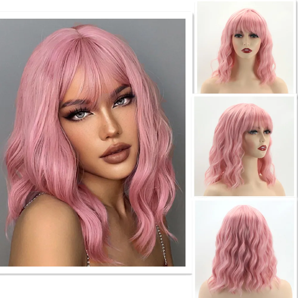 Synthetic Women Short Water Wave Ripple Wig Natural Fluffy  Pink Air Bangs Collarbone Hair Medium Length Mixed Ombre Black Brown