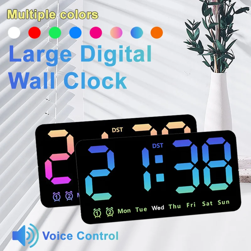 Voice Control Wall Clock Large LED Alarm Clock with Temperature Date Week DST Snooze Dual Alarm Desktop Clock Home Decoration