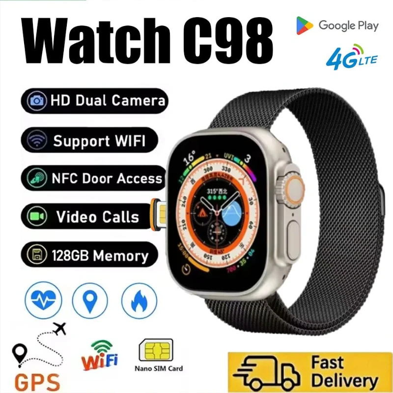 

Сетевая карта C98 5G SlM 2,1 дюйма Amoled GPs WiFl Global Call Смарт-часы для мужчин Ultra s10Android 9.0 Смарт-часы высокого качества