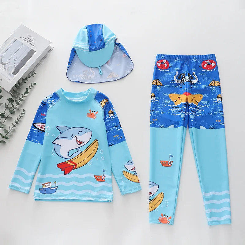 HappyFlute Summer  Three Pieces Set  Boy  Long Sleeve  With Swim Cap  Sun Protection& Quick Drying Children Beach Swimsuit