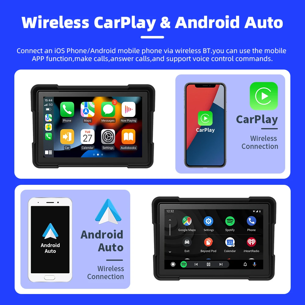 EKIY Cruscotto digitale portatile da 5 pollici per moto Schermo di visualizzazione di navigazione GPS Wireless CarPlay Moto Android Auto Monitor BT5.0