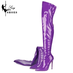 Over-the-Knee Women's boots Patent Leather Pointed Toe Sewing Zipper Ladies Long Boots Sexy High Heels Shoes Sapatos Femininos