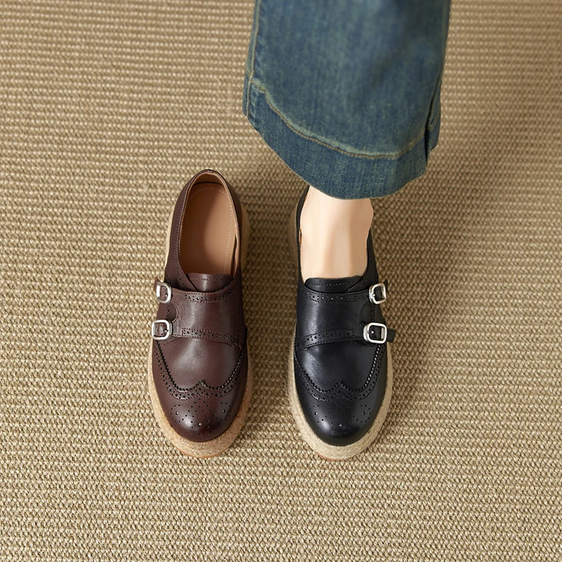 

Loafers Women Genuine Leather Straw Woven Wedge Heel Slip On Platform Round Toe Deep Cut Brogue Shoes