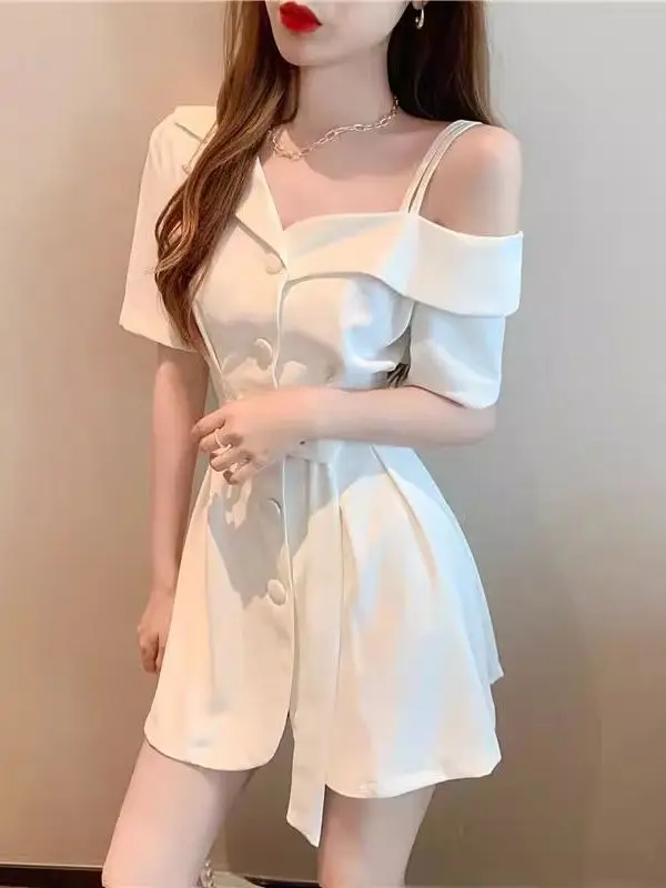 Vestido de Fiesta Sexy con Hombros Descubiertos y Cinturón, Diseño Moderno, Manga Corta, Silueta en A, Moldeador del Cuerpo, para Mujer