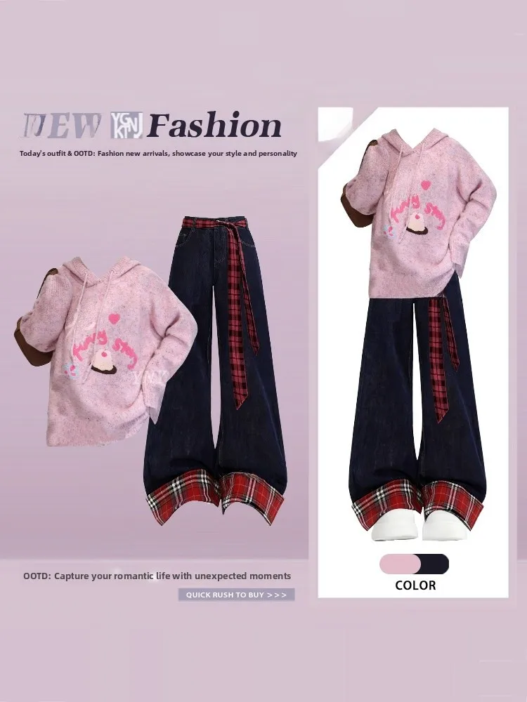 

Нежно-розовый вязаный свитшот с мультяшными буквами и джинсовые брюки в клетку, комплект из двух предметов для женщин, бренд Gentle Wind, весенняя мода