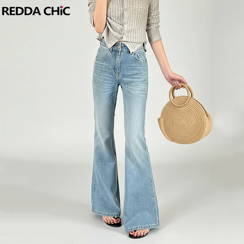 

REDDACHiC Meteor Rhinestone Flared Jeans Women Korea Retro Relaxed Stretchy High Rise Bootcut Pants Going Out Y2K Streetwear