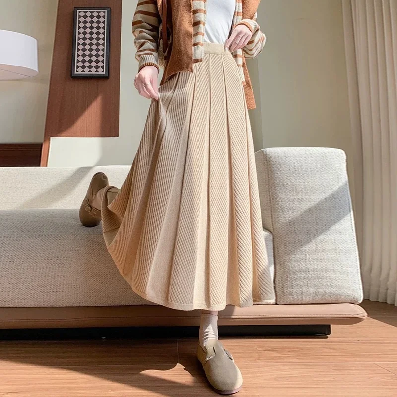 

Женская трикотажная юбка миди на осень-зиму с высокой талией, фактурным плиссированным дизайном, облегающая, элегантная, полуюбка