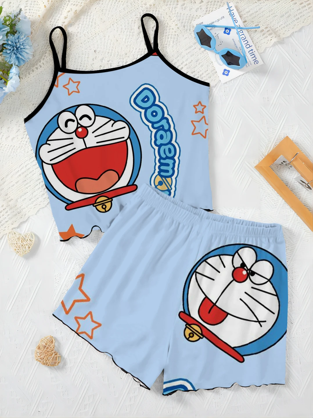 Home Dress Lettuce Trim Elegant Women's Sets for Women 2 Pieces Pajama Skirt Top Doraemon Satin Surface T-shirt Short Suit Top