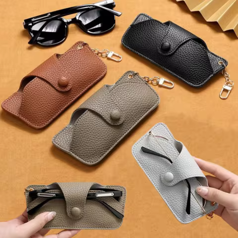 Portable Retro Handmade PU Leather Glasses Bag with Lanyard Hanging Sunglasses Case Simple Glasses Storage Box Sunglasses Case