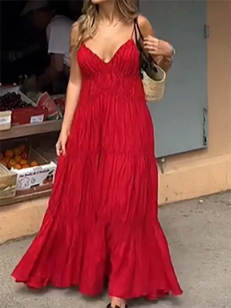 

Elegant Solid Color Sling Summer Robe Dress Casual Holiday Sleeveless Pleated Dress Simple Women V-neck Backless Cocktail Dress