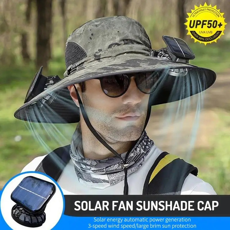 Large Size Wide Brim Quick Dry Bucket Hat Solar Powered USB Charging Cooling Fan Sun Hat For Fishing Camping Outdoor Activities