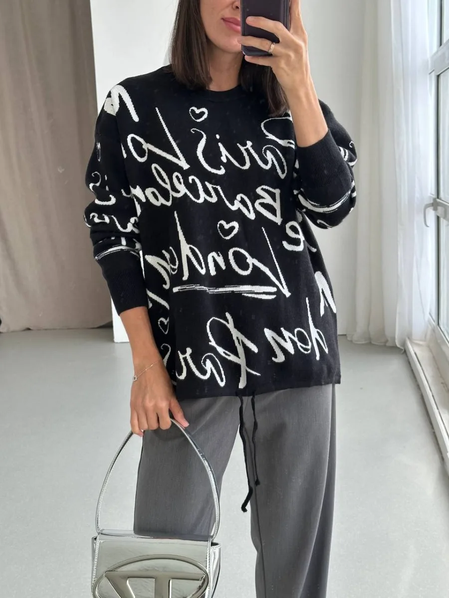 Bornladies Letter Sweater Women Knitted Pullover Full Sleeve Casual  O Neck 2023 Jumpers Chenille Clothing Autumn Winter Hot