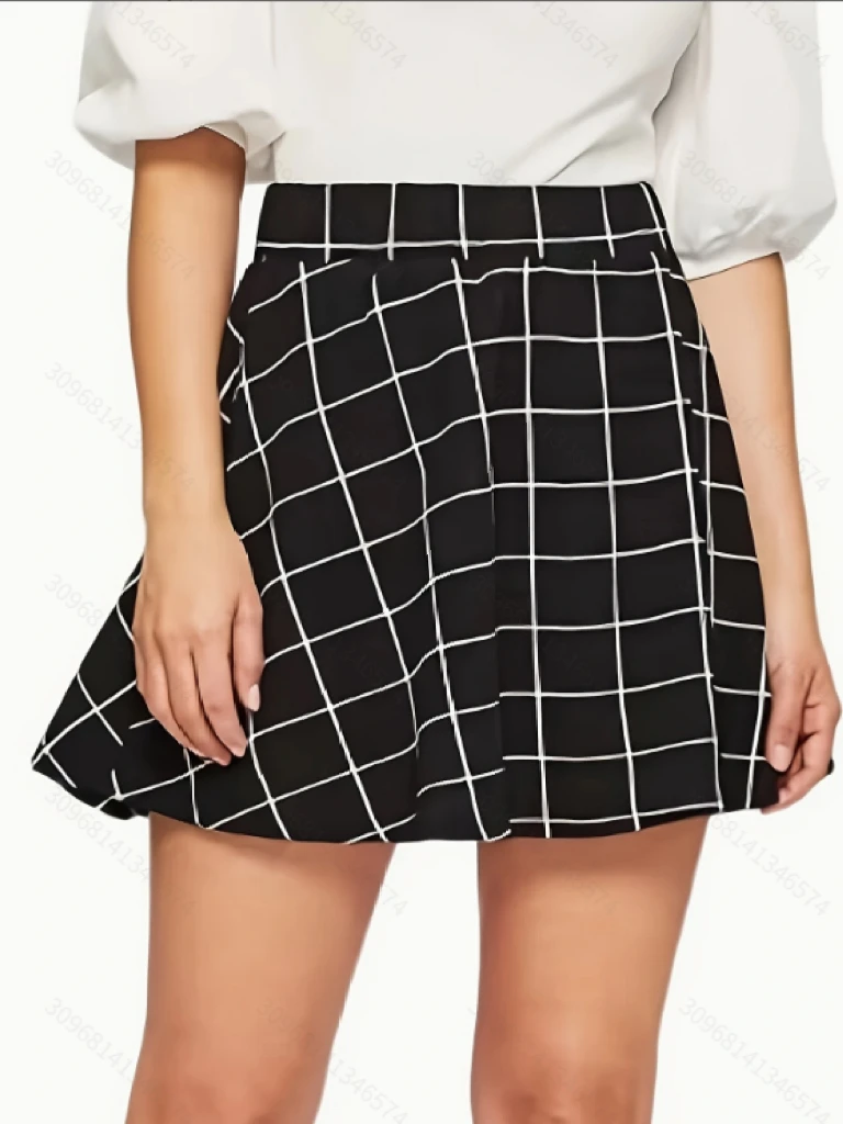 

Black White Plaid High-Waist A-Line Mini Skirt, Slim-Fit Versatile Checkered Flared Skirt