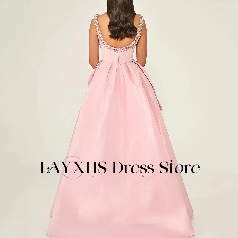 LAYXHS Novel Pink Spaghetti-Straps Evening Dresses Beaded A-Line Ruffle Backless Prom Dresses Customized فساتين سهرات