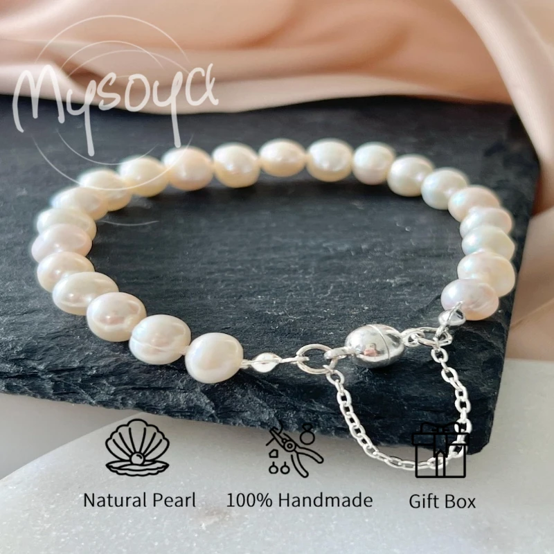 

MYSOYA браслет из белого пресноводного жемчуга 5-6 мм, завязанный дизайн с подарочной коробкой для нее/его дня рождения/свадьбы/Рождества/новогоднего подарка