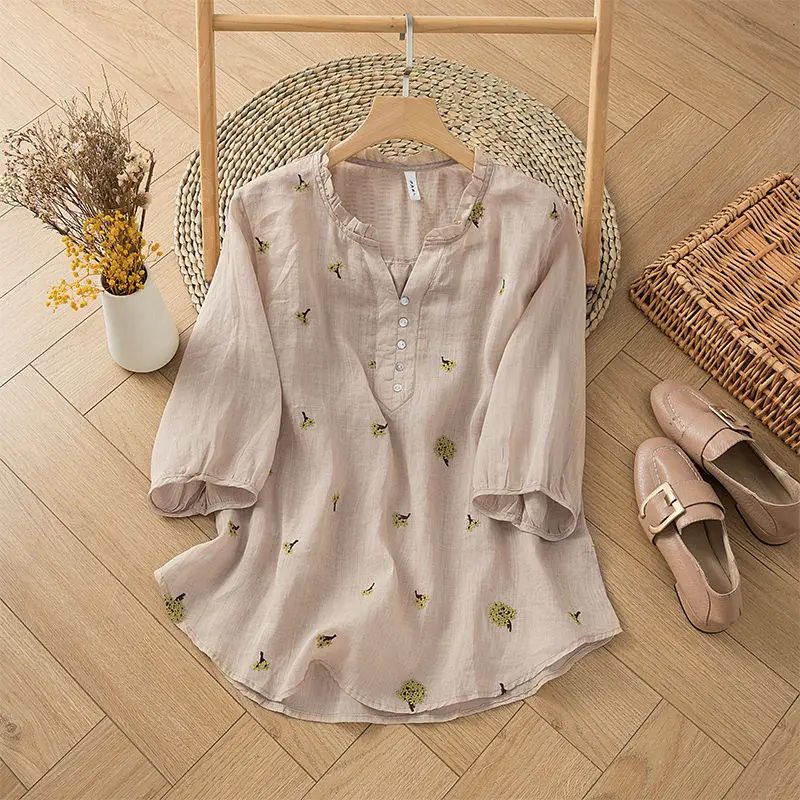 

Mid-Sleeve Ramie Floral Cotton-Linen Embroidered Linen Shirt