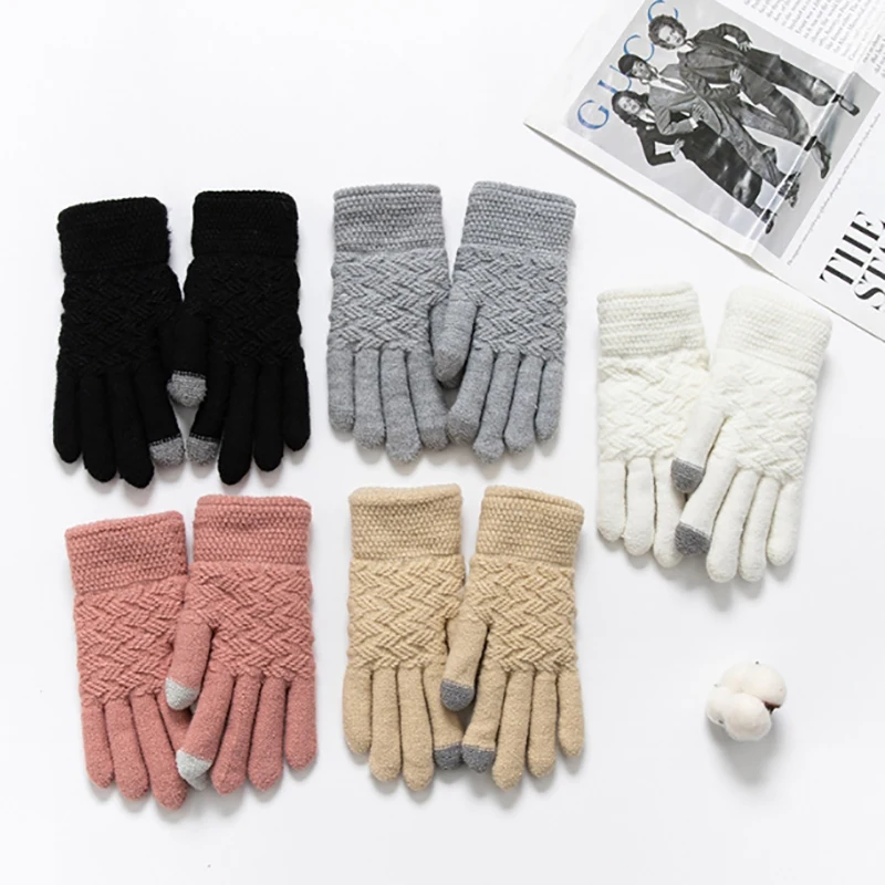 

New Men's Warm Full Finger Gloves Winter Touchscreen Plus Fleece Gloves Woman Thickening Wool Knitted Cycling Driving Gloves