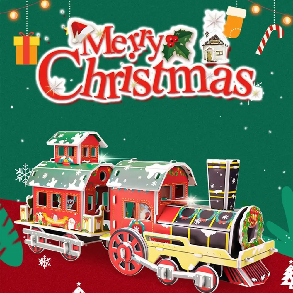 Tren de rompecabezas 3D de Navidad, casa de Navidad, tarjeta de papel DIY, ensamblaje de bloques de construcción, juguete modelo hecho a mano para niños