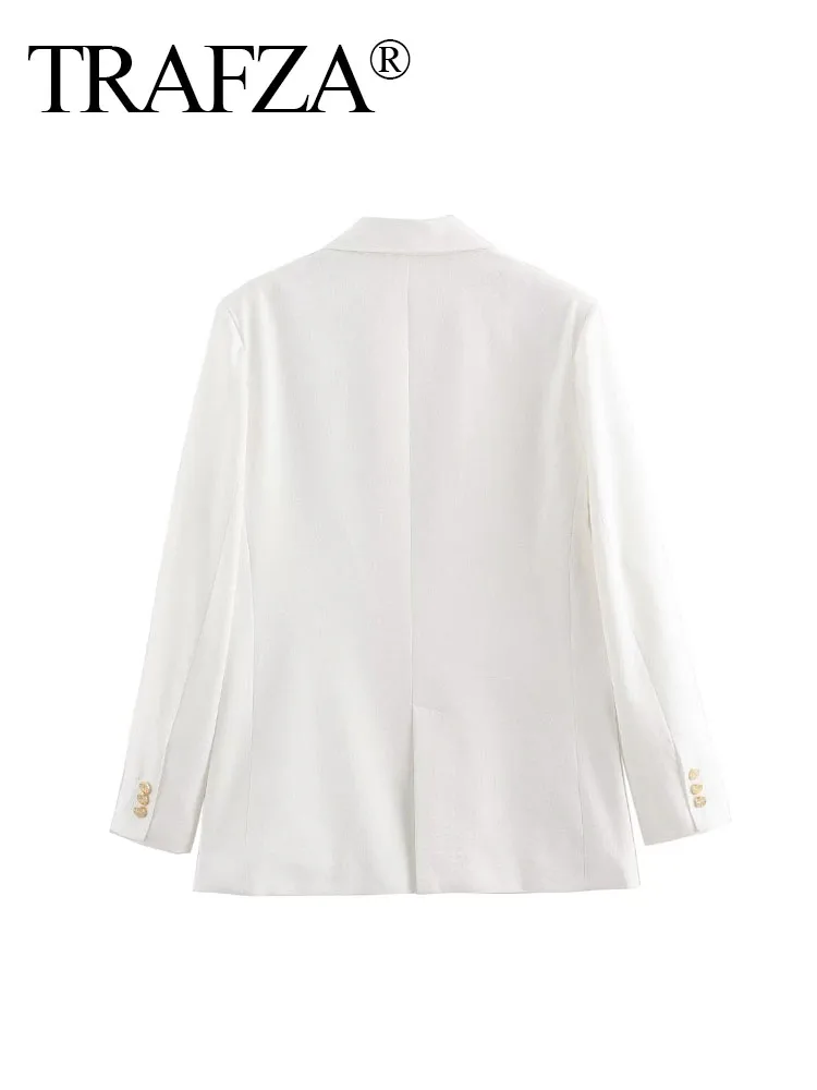 TRAFZA Summer Blazers Woman 2024 Trendy White Turn-Down Collar Long Sleeves Single Breasted Female Coats Office Lady TRAF