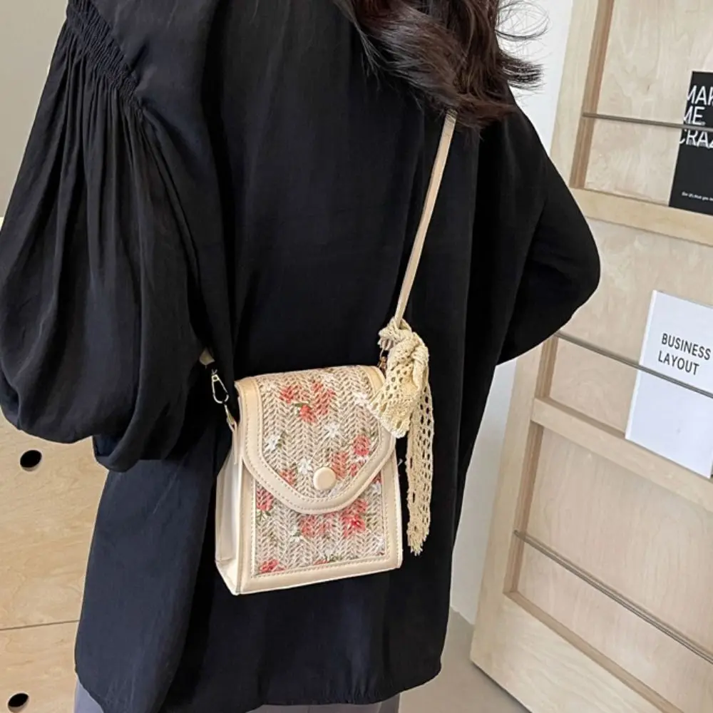 

Fashion Lace Ribbon Lovely Woven Handbag Flower Pattern Small Straw Crossbody Bag Rectangle Cute Summer Bag Girls