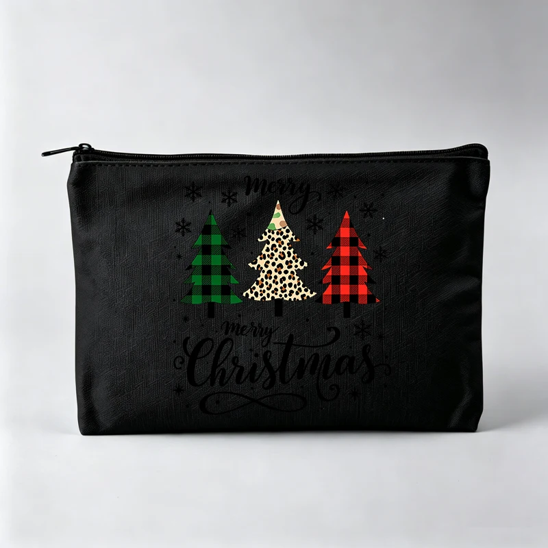 Women's Christmas Tree Pattern Makeup Bag with Plaid and Animal Print Design for Holiday Use