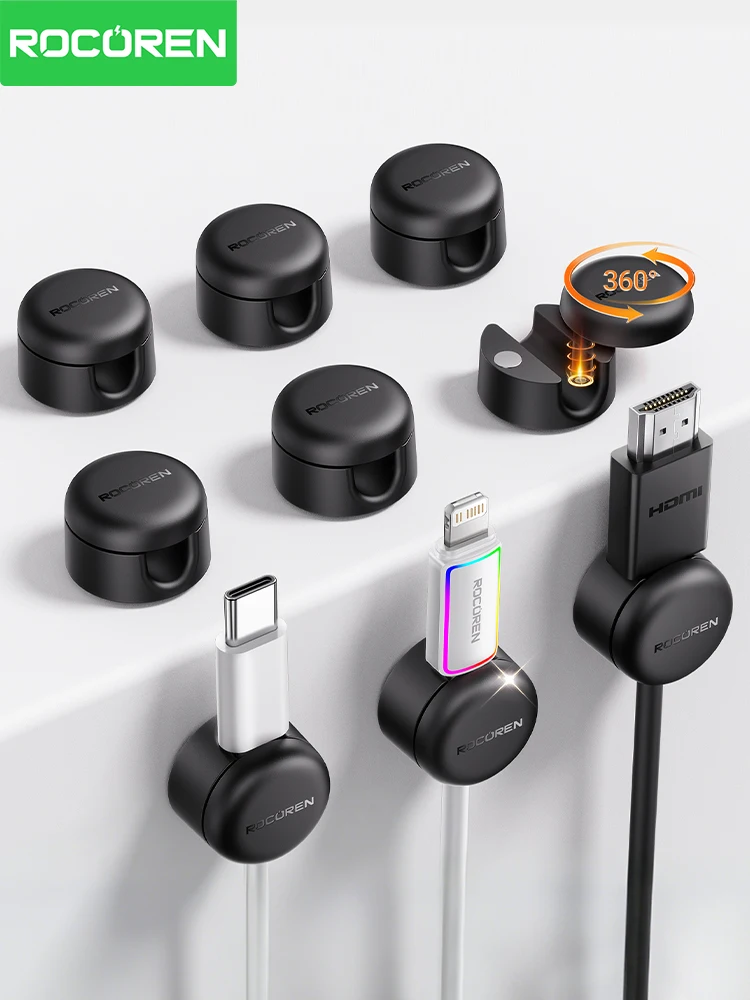 Rocoren 360 ° Obrotowy magnetyczny organizer kabli samoprzylepny, klipsy do kabli, regulowany uchwyt na przewody pod biurko — 2