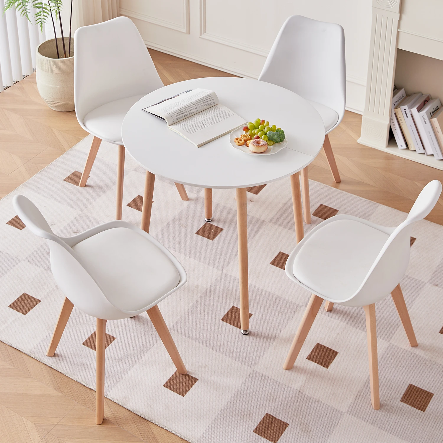 GrandCA HOME 4-teiliges Stuhl-Set mit Esstisch, 80cm Nordischer Esszimmertisch und Stuhl-Set, mit Gepolsterten Sitzen für das Esszimmer
