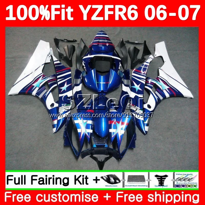 Injection Body For YAMAHA YZF R 6 600 YZF-600 YZF600 White blue YZF-R6 YZFR6 06 07 124No.16 YZF R6 600CC 2006 2007 OEM Fairing